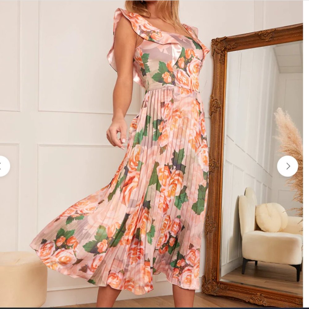 Floral Print Ruffle Pleated Midi Dress in Pink Size 10